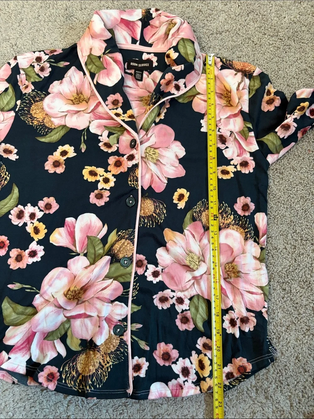 Room Service Dark Floral Pajamas Sleep Loungewear Set Pink Black XS Pockets
